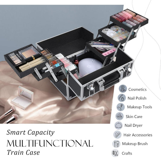 Makeup Train Case 12 Inch Large Portable Cosmetic Case - 6 Tier Trays Professional Makeup Storage Organizer Box Make up Carrier with Lockable Keys Travel Case for Women and Girls - Black